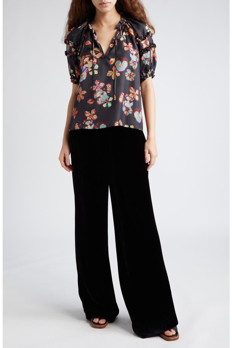 Annabelle Floral Print Puff Sleeve Silk Top, Alternate, color, LUNE