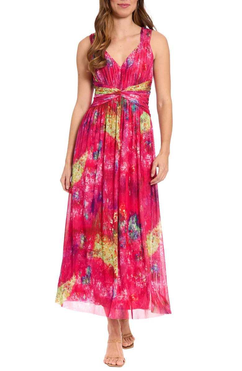 London Times V-Neck Twist Front A-Line Maxi Dress, Main, color, Pink/ Yellow