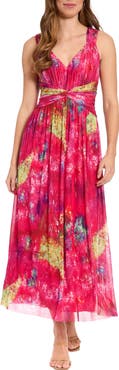 London Times V-Neck Twist Front A-Line Maxi Dress