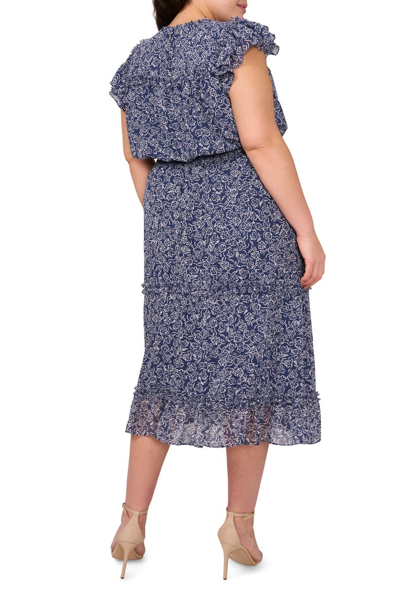 CeCe Print Flutter Sleeve Smocked Midi Dress, Alternate, color, Ocean Blue