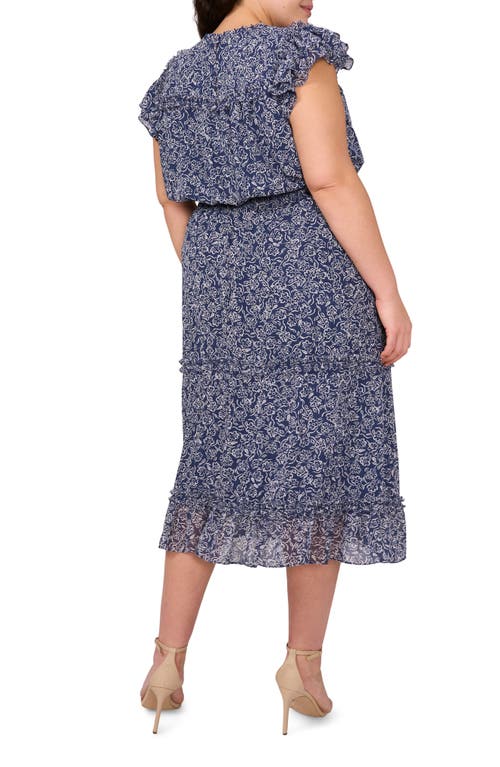CECE CECE PRINT FLUTTER SLEEVE SMOCKED MIDI DRESS