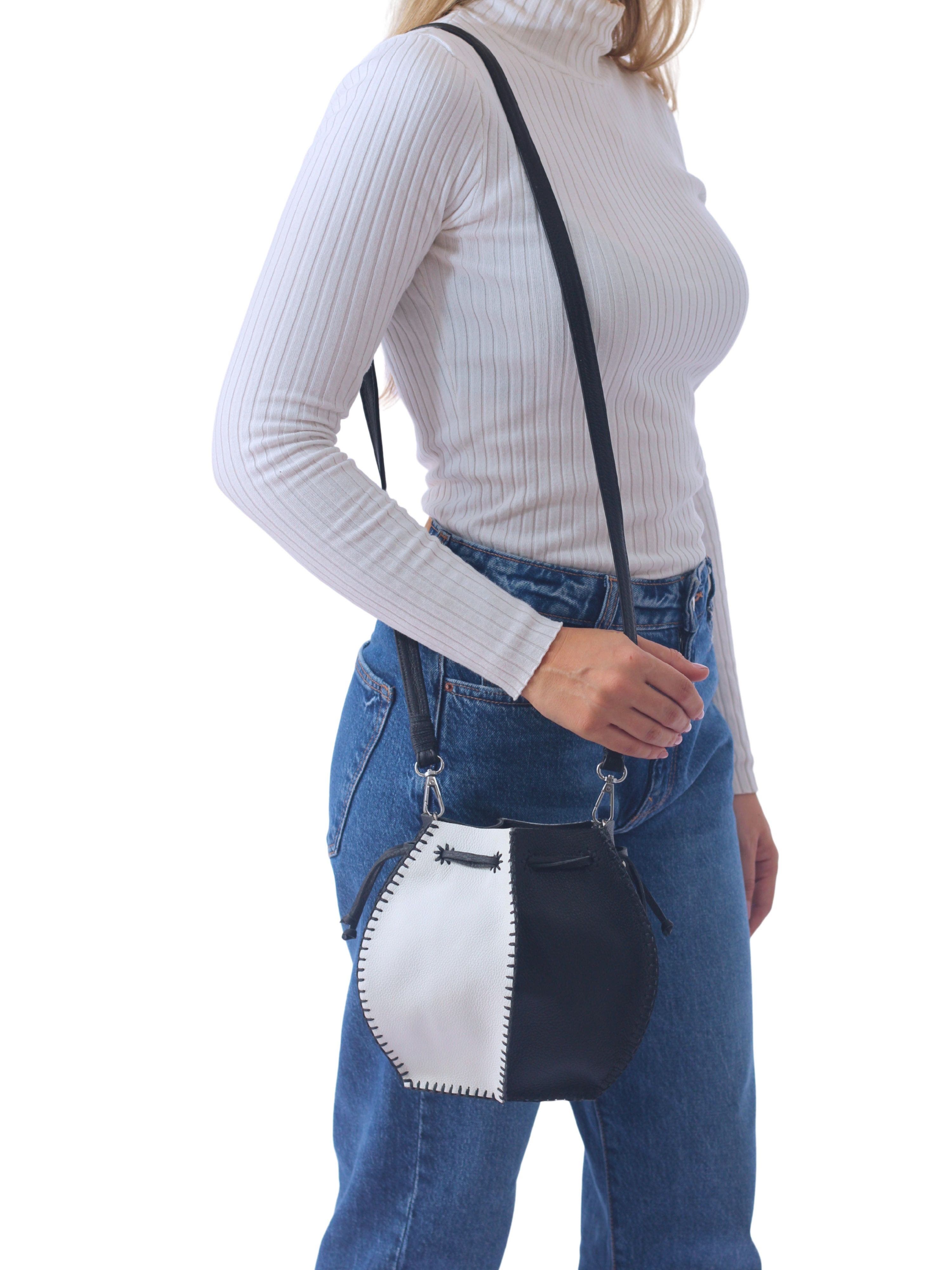 Carlos Falchi Tall Bucket Top Grain Leather Bag, Alternate, color, Black And White