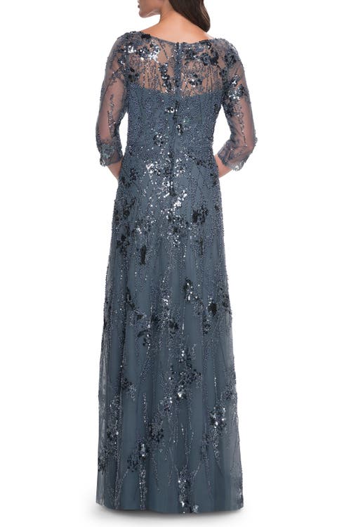 La Femme Beaded Long Mother Of The Bride Dress With Illusion Top In Slate Gray