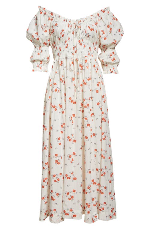 Doen Ischia Shirred Floral-print Organic Cotton-blend Voile Midi Dress In White