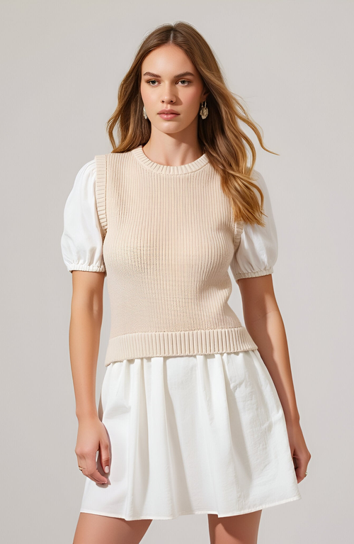 Modenaire Ribbed Sleeveless Sweater Dress With Puff Sleeves In White