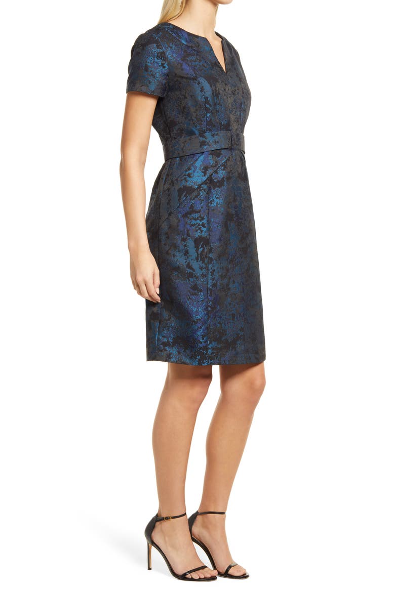 Jacquard Bow Sheath Cocktail Dress, Alternate, color, BLUE