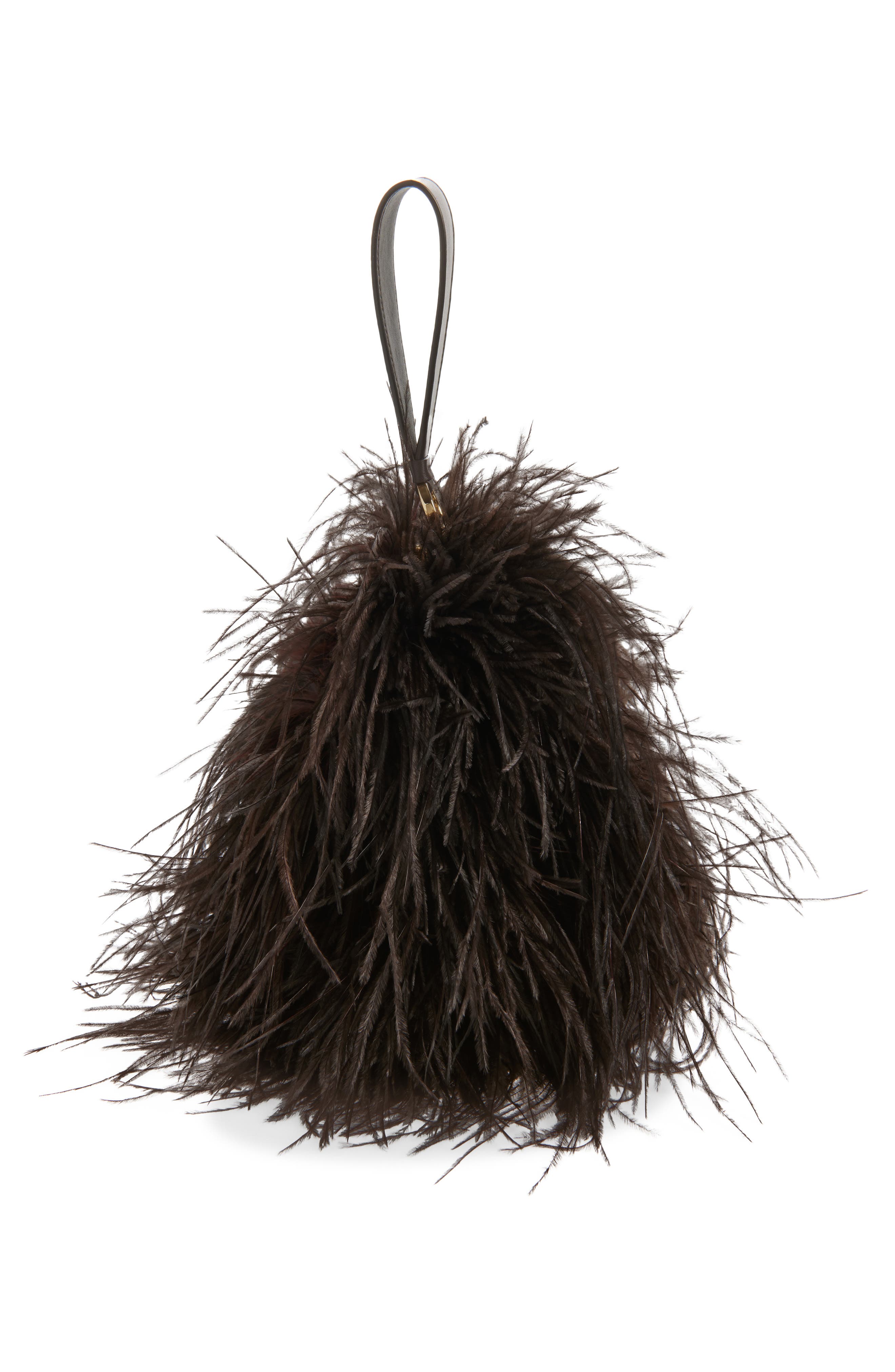 FERRAGAMO Double Gancini Ostrich Feather & Leather Clutch, Alternate, color, T.moro Testa Di Moro 099