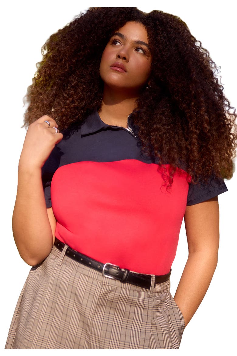 Asym Zipper Neck Polo Shirt, Main, color, RED AND NAVY