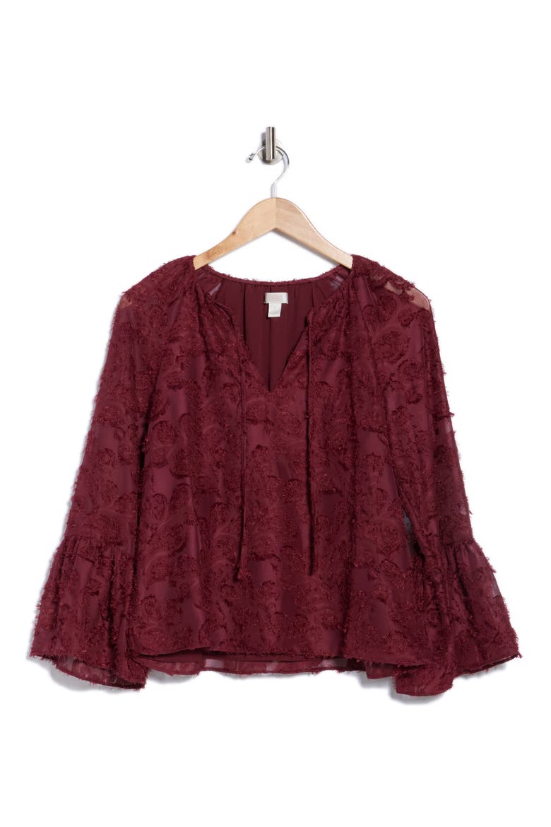Tie Neck Long Sleeve Top, Alternate, color, BURGUNDY TANNIN