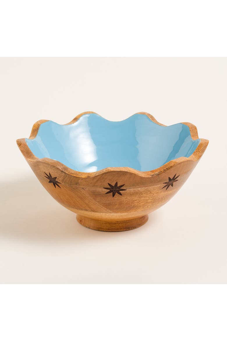 Lakri Carved Mango Wood Bowl 10" x 10" | Artisan Ceramic, Main, color, Blue