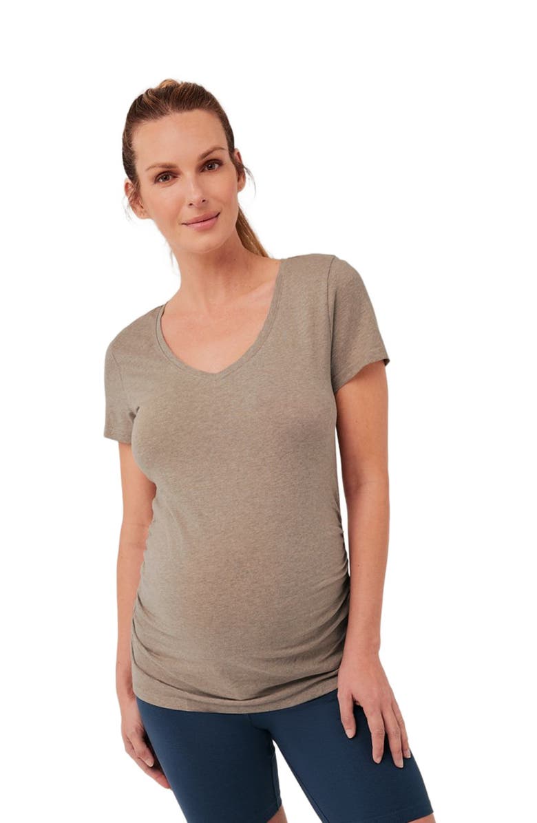Pact Organic Maternity Ruched V-Neck Tee, Main, color, Stucco Heather