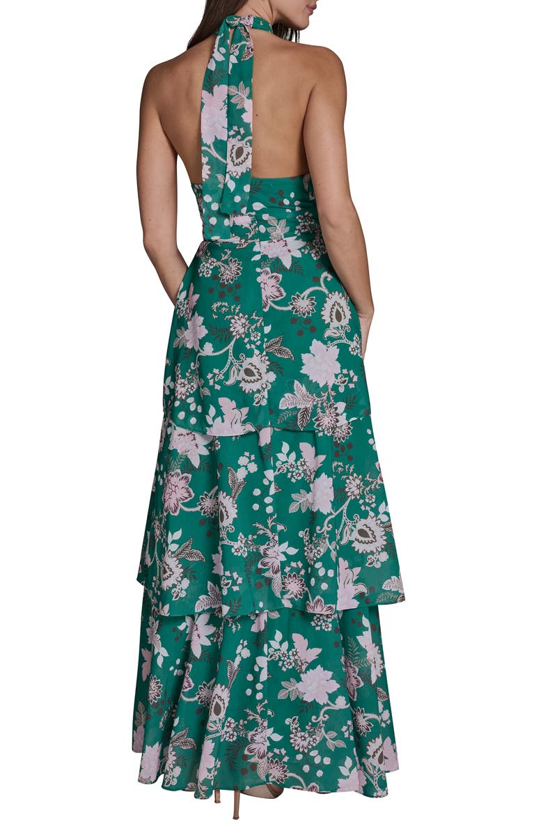 BCBG Floral Tiered Halter Maxi Dress, Alternate, color, Lush Green Multi