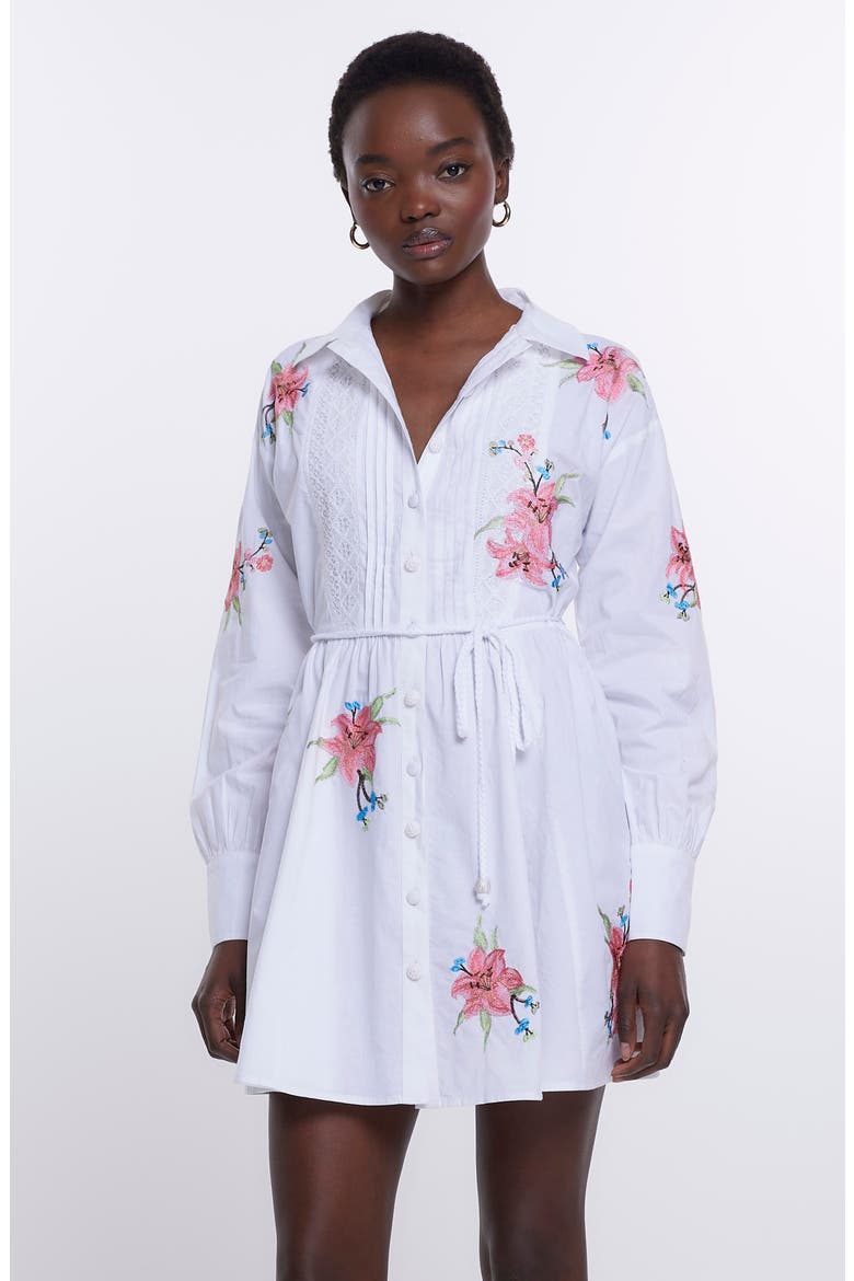 Craft Floral Embroidered Long Sleeve Belted Shirtdress, Alternate, color, WHITE