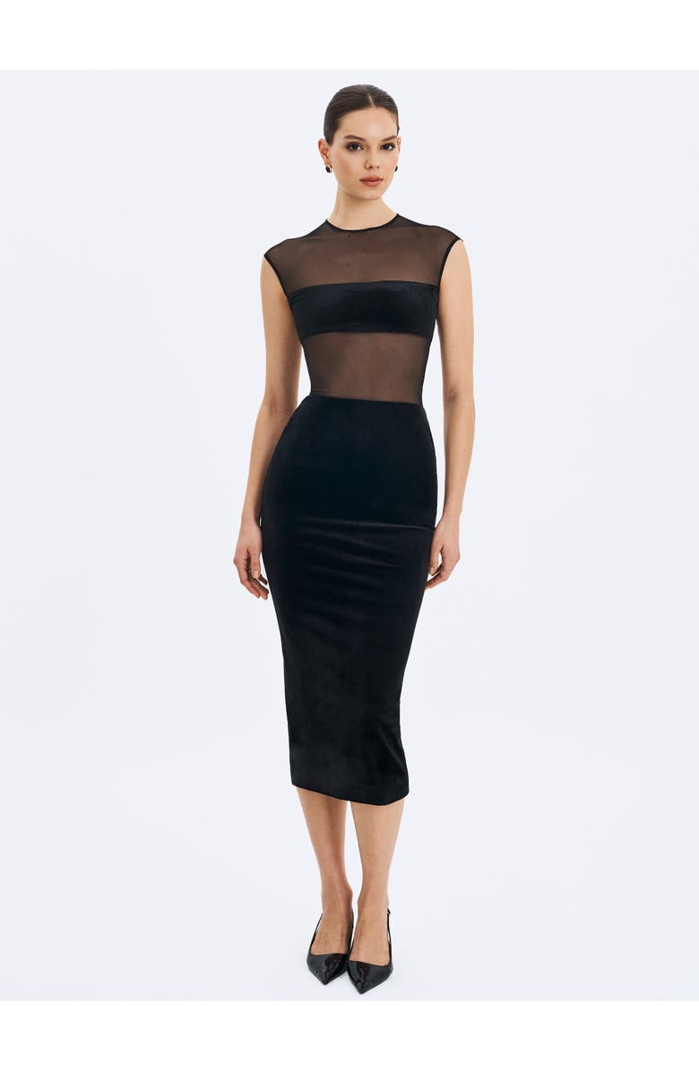 Miss Circle Quielle Mesh and Velvet Midi Bodycon Dress, Alternate, color, Black