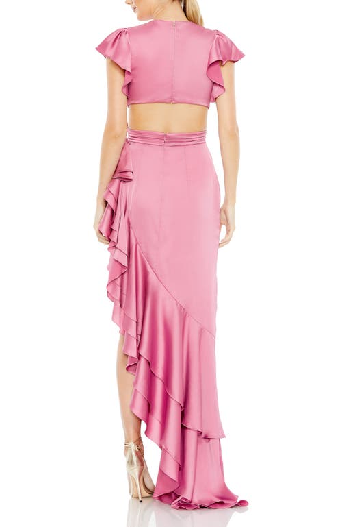 Mac Duggal Flutter Sleeve Cut Out Asymettical Ruffled Gown In Raspberry