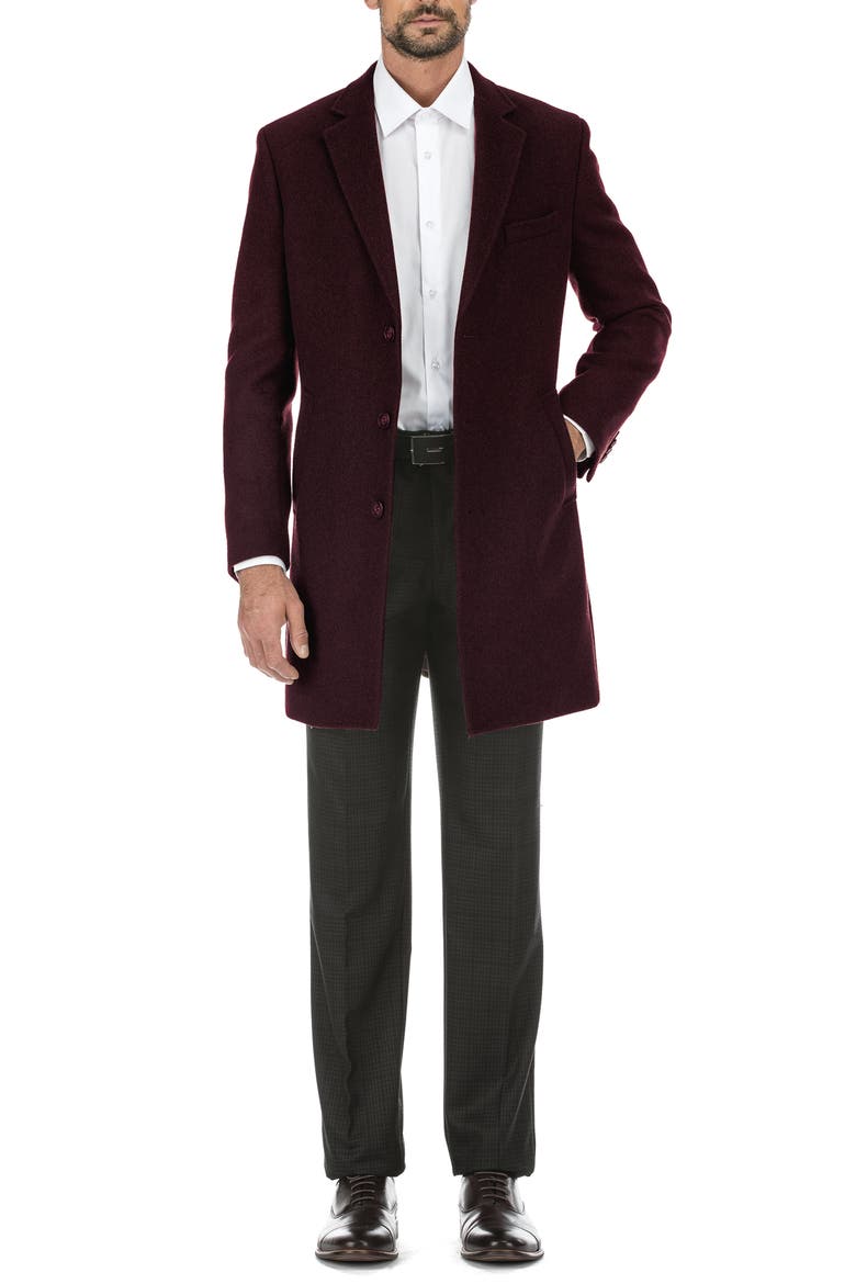 Wool Blend 3-Button 3/4 Length Top Coat, Main, color, BURGUNDY