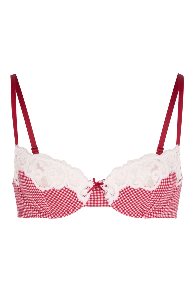Swirly Girly Unlined Low-Cut Balconette Bra, Alternate, color, DAPPER RED CHECK EFFECT PRINT
