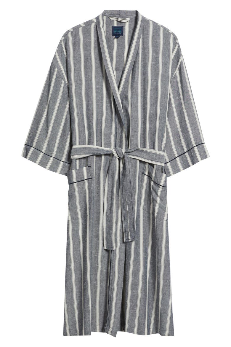 Textured Retreat Stripe Shawl Collar Woven Cotton Robe, Alternate, color, NAVY/ BEIGE