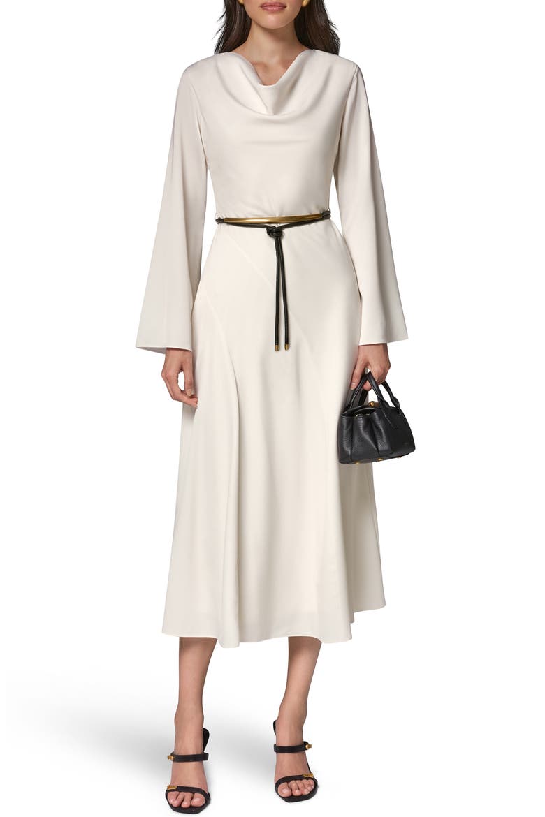 Bell Sleeve Satin Midi Dress, Alternate, color, IVORY