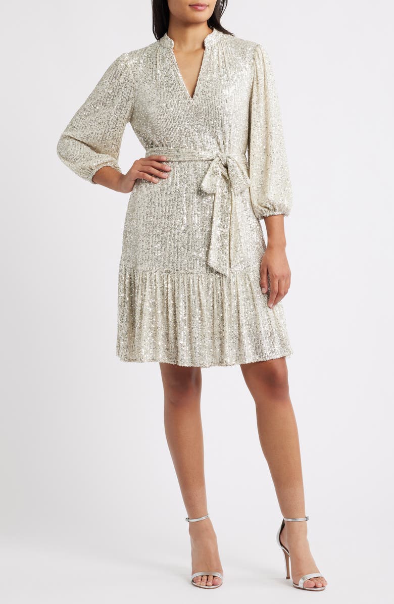 Eliza J Sequin Belted Dress, Main, color, Silver