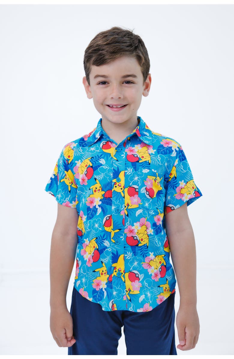 POKEMON Pikachu Short Sleeve Button Down Shirt, Alternate, color, Blue
