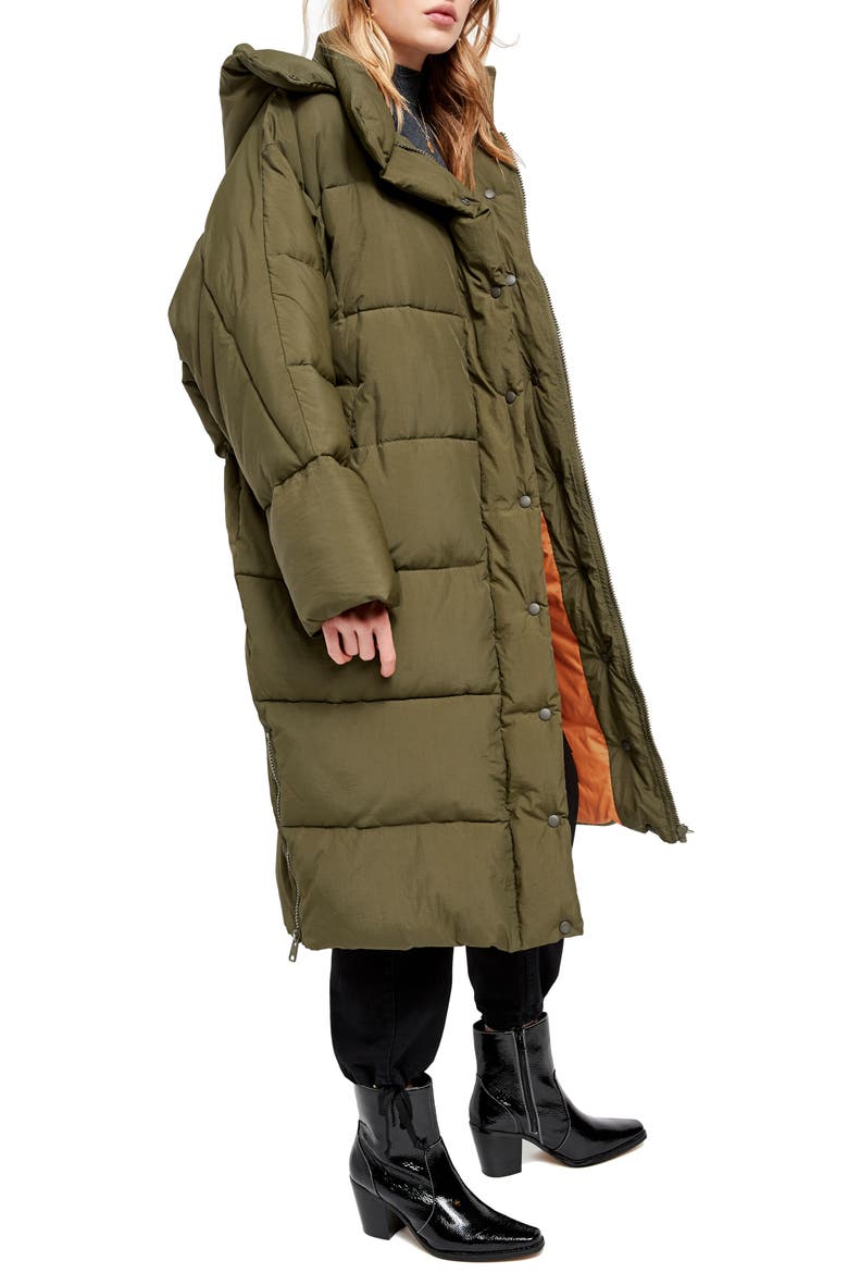 Urban Outfitters Longline Puffer Coat, Alternate, color, KHAKI