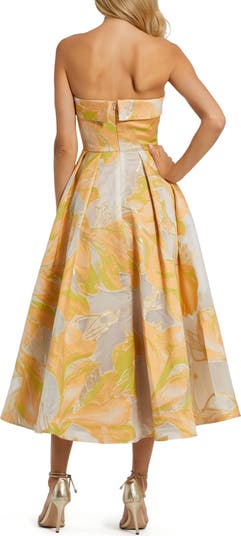 Strapless Floral Print Brocade Midi Dress