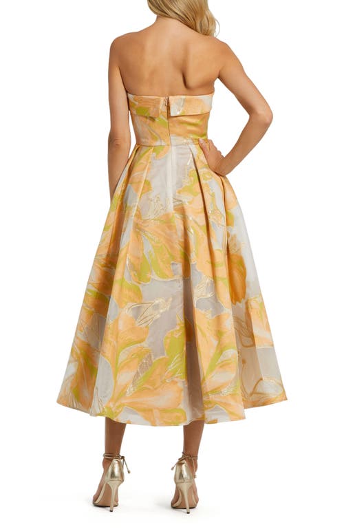 Mac Duggal Strapless Brocade Midi Dress With Pockets In Peach Multi
