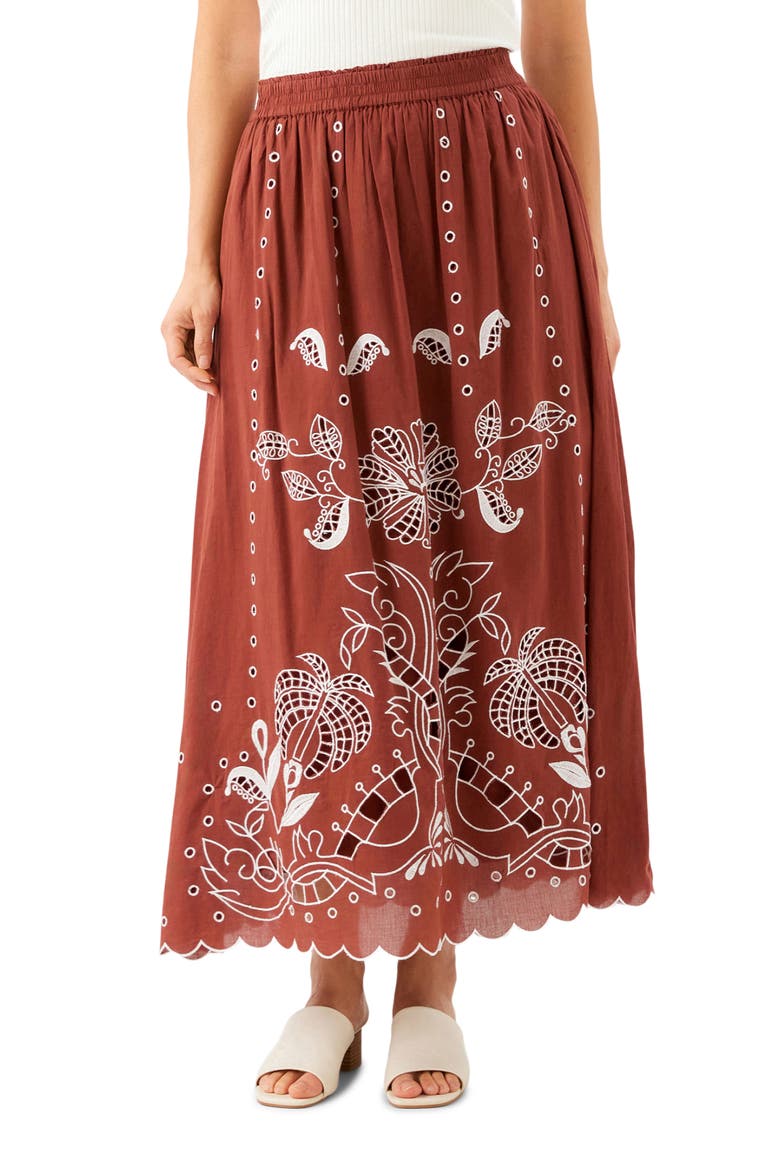 Embroidered Eyelet Cotton Midi Skirt, Main, color, CHOCOLATE