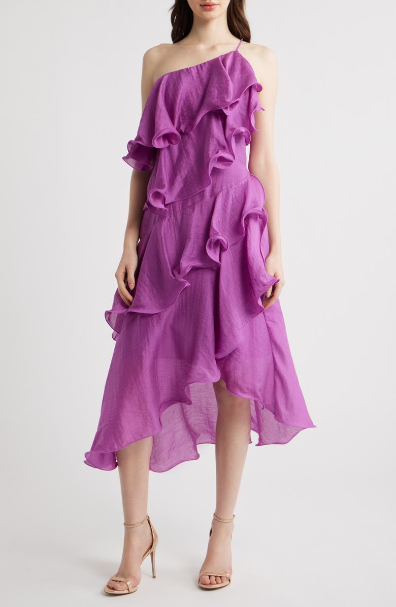 CIEBON Matea One-Shoulder Asymmetric Ruffle Dress, Main, color, Purple