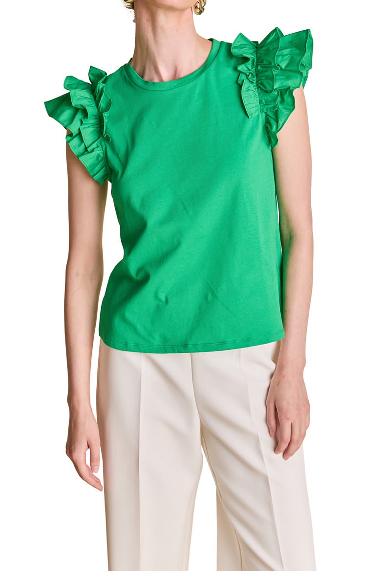 Ruffle Sleeve Mix Media Cotton Top, Alternate, color, GREEN