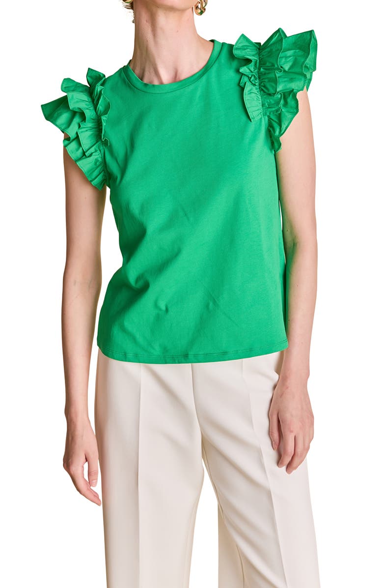 English Factory Ruffle Sleeve Mix Media Cotton Top, Alternate, color, Green
