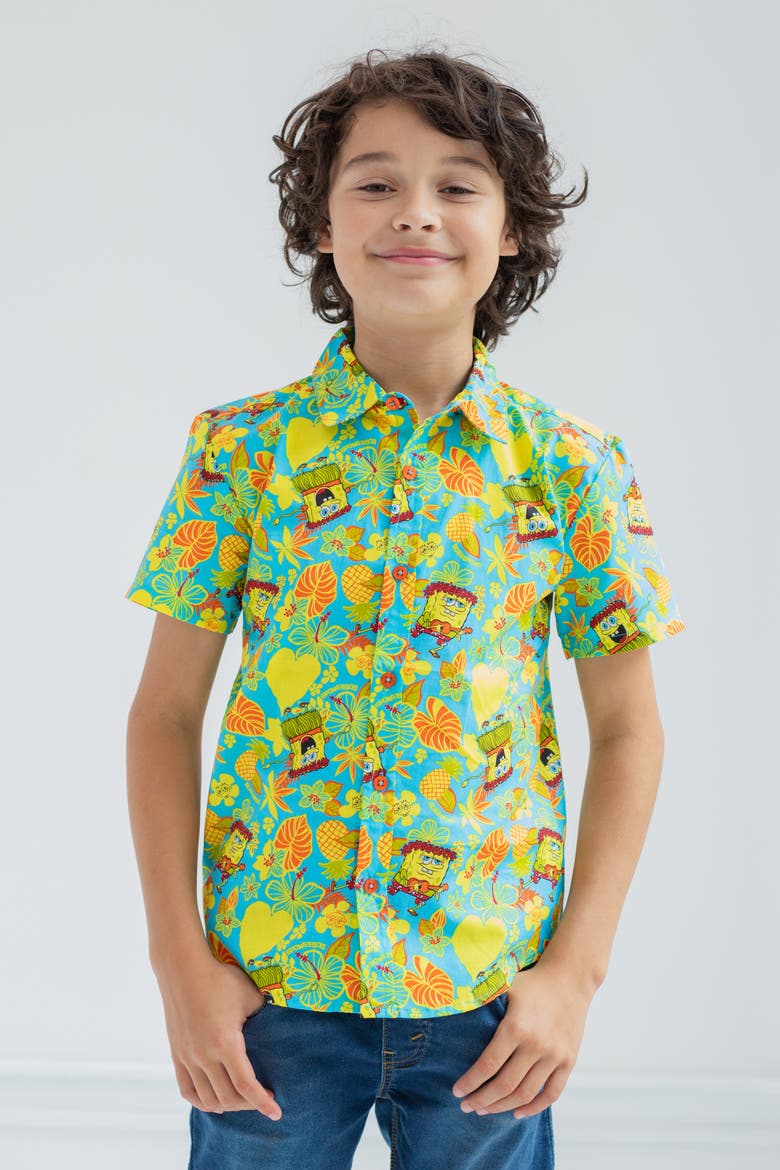 SpongeBob SquarePants Hawaiian Button-Down Shirt, Alternate, color, SpongeBob Teal