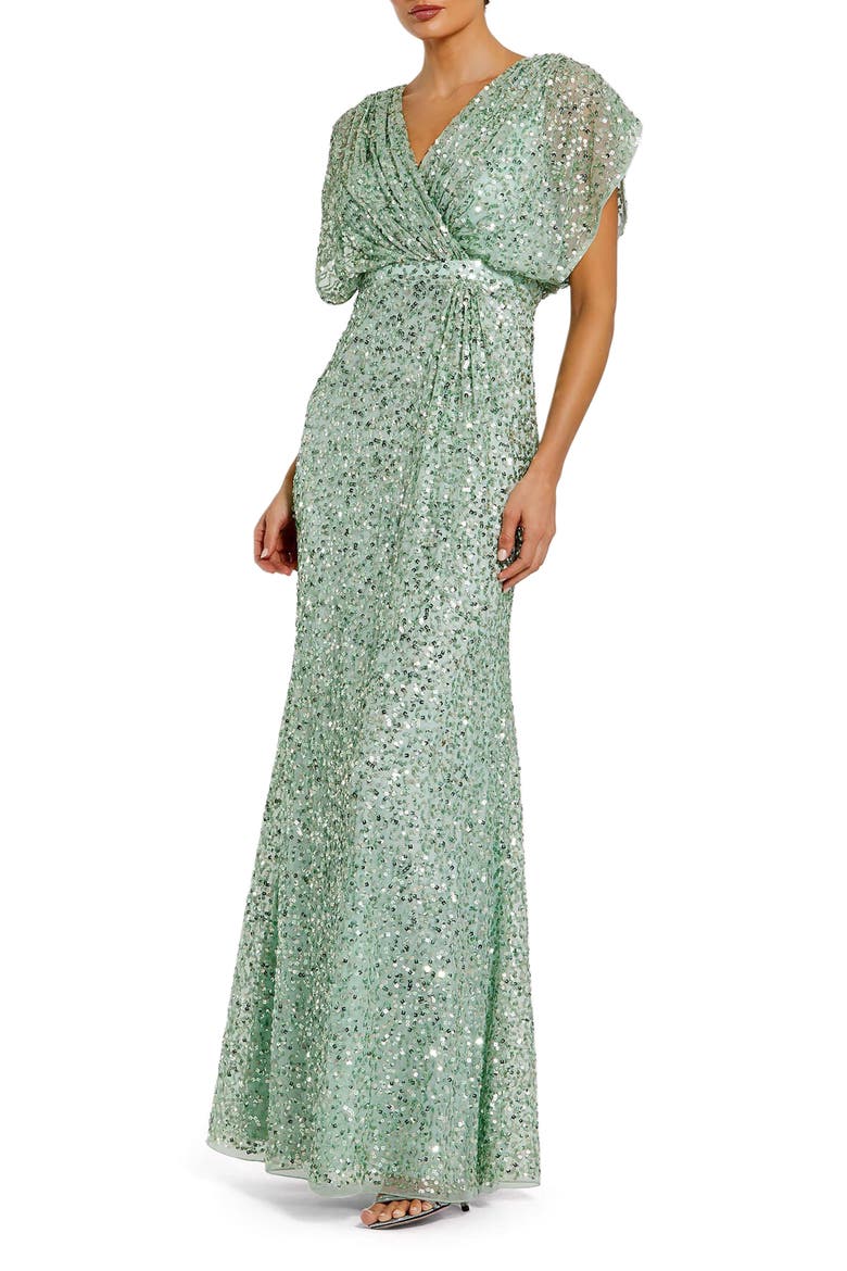 Draped Sleeve Sequin V-Neck Gown, Main, color, Seafoam
