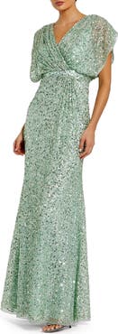 Mac Duggal Draped Sleeve Sequin V-Neck Gown