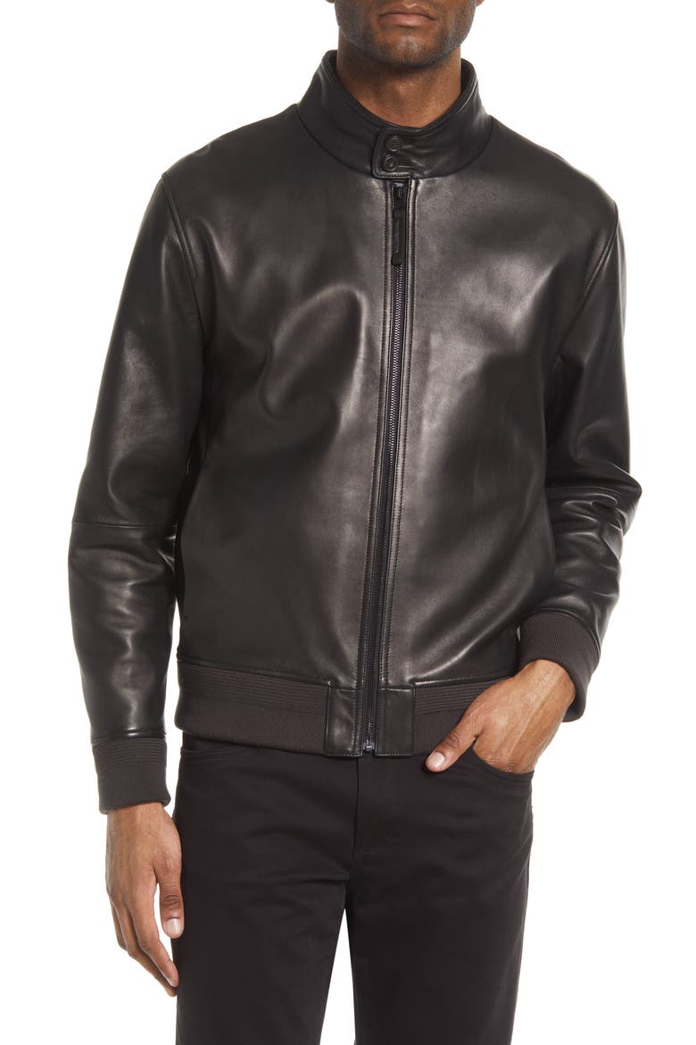 Harrington Leather Bomber Jacket, Alternate, color, BLACK