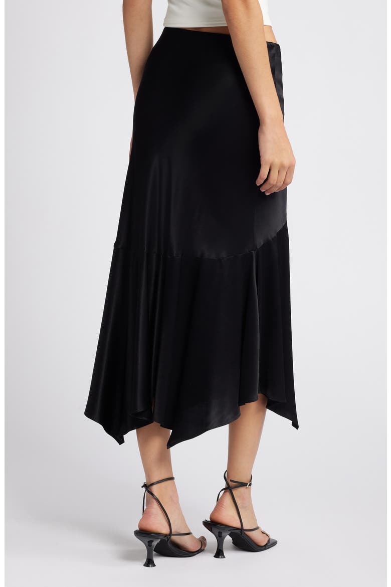 Edwina Asymmetric Satin Midi Skirt, Alternate, color, BLACK