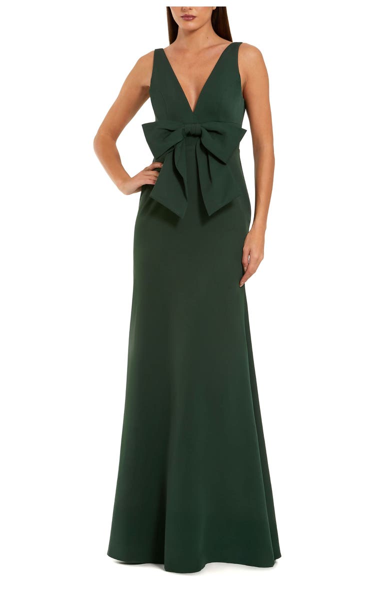 Mac Duggal Crepe Sleeveless V Neck Column Dress With Bow, Main, color, Emerald