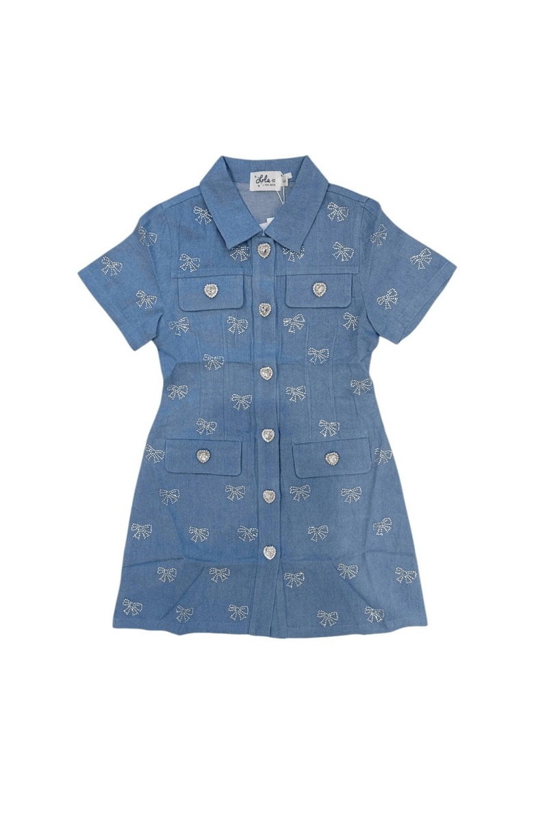 Lola + The Boys Shimmer Bows Denim Dress, Main, color, Blue