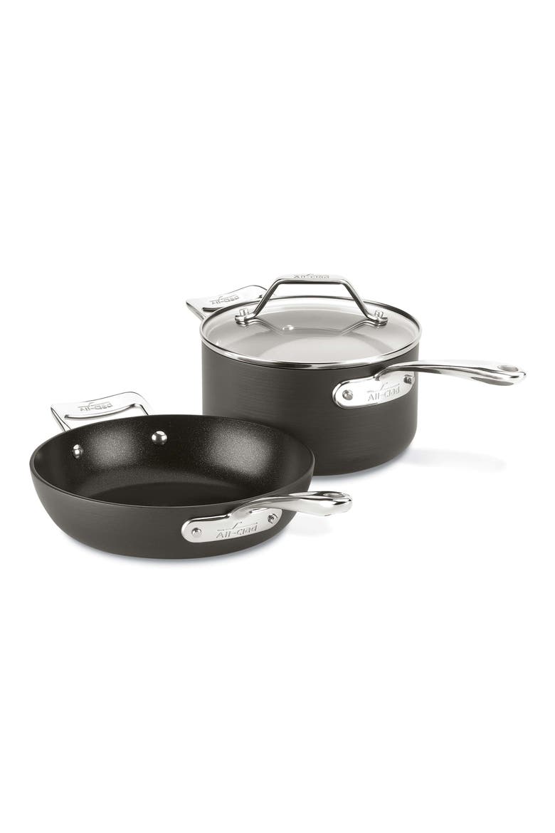 Essentials Hard Anodized Aluminum Nonstick Frying Pan & Saucepan Set, Main, color, BLACK