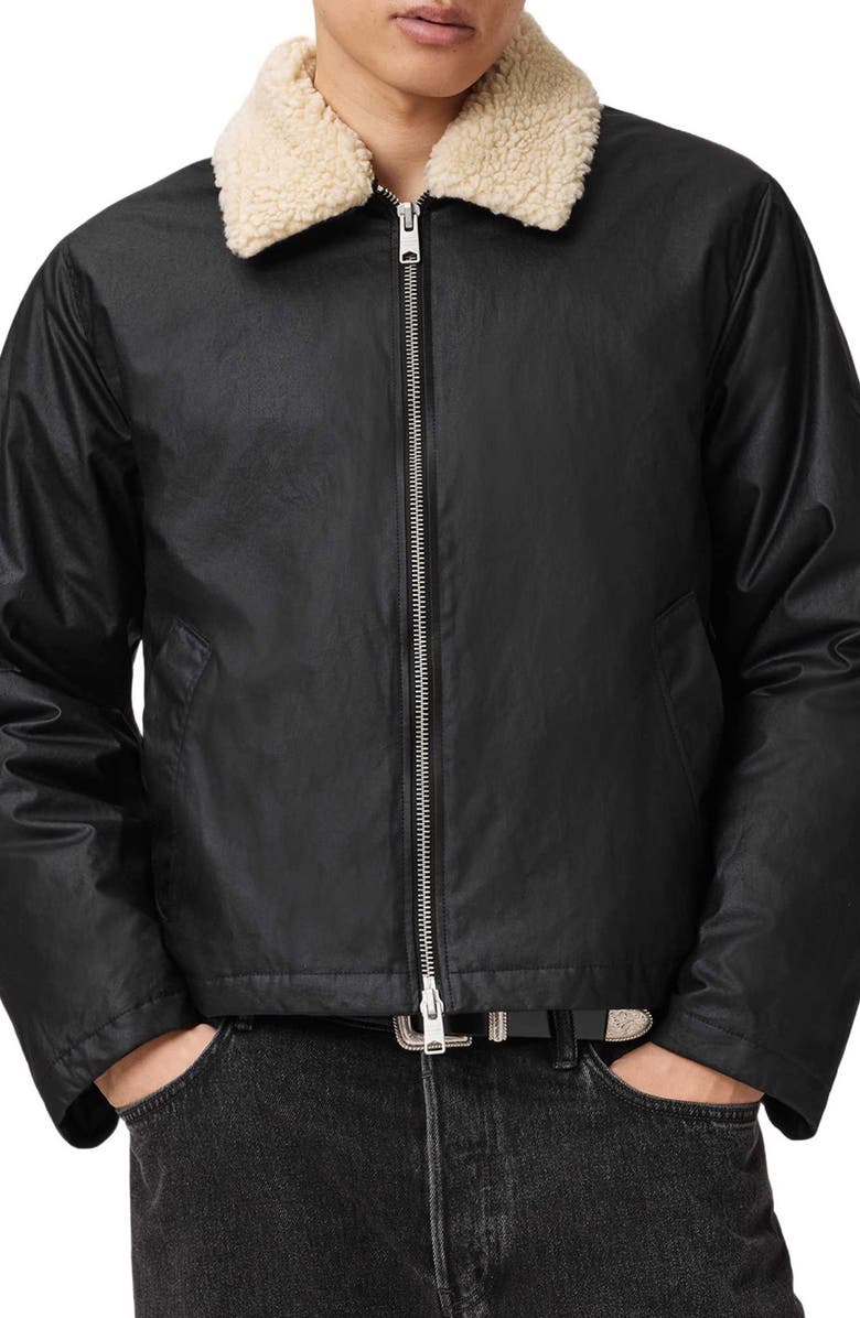 AllSaints Boston Faux Shearling Collar Jacket, Main, color, Black