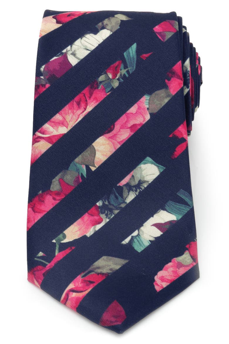 Painted Floral Stripe Silk Tie, Alternate, color, NAVY
