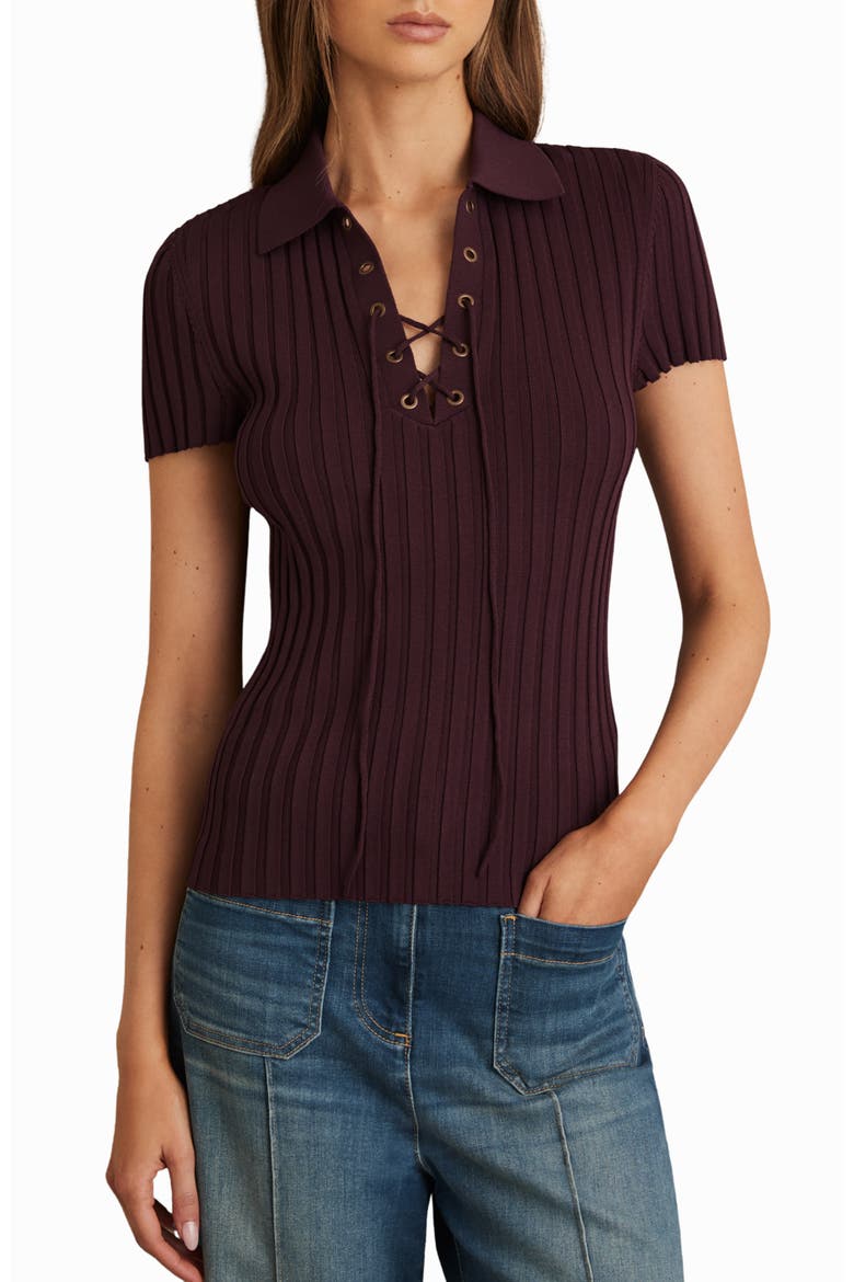 Poppy Lace-Up Polo Sweater, Main, color, BURGUNDY