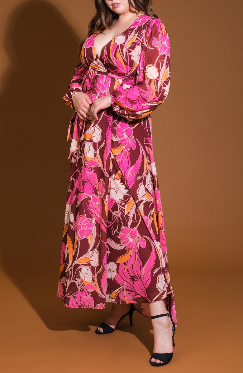 FLYING TOMATO Long Sleeve Tiered Maxi Wrap Dress, Alternate, color, Burgundy