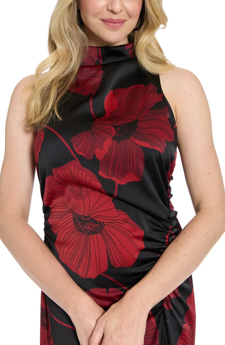 London Times Mock Neck Ruched Asymmetric Dress, Alternate, color, Black/ B Red