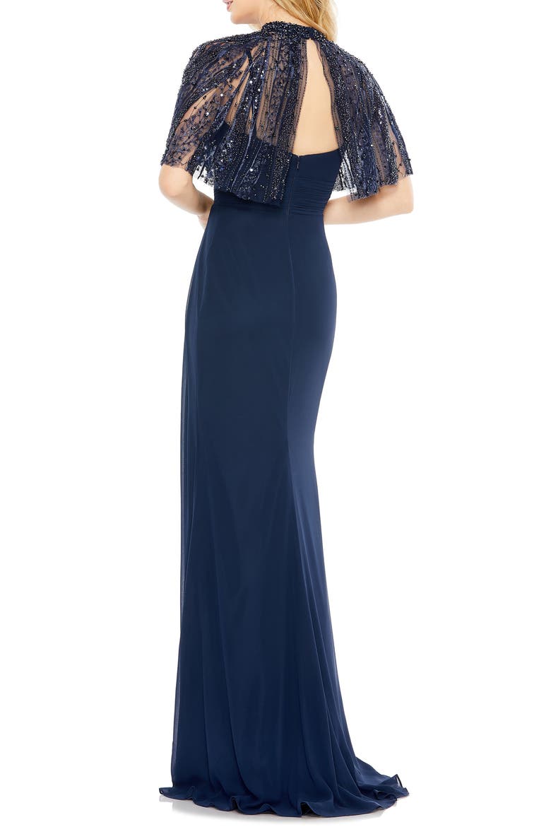 Cape Overlay Trumpet Gown, Alternate, color, NAVY