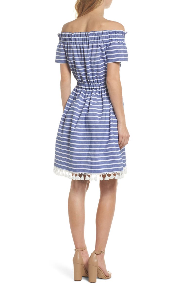 Stripe Off the Shoulder Dress, Alternate, color, NAVY/ IVORY