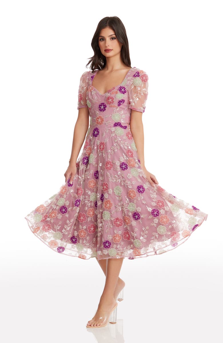 Dress the Population Iliana Beaded Floral Cocktail Midi Dress, Alternate, color,