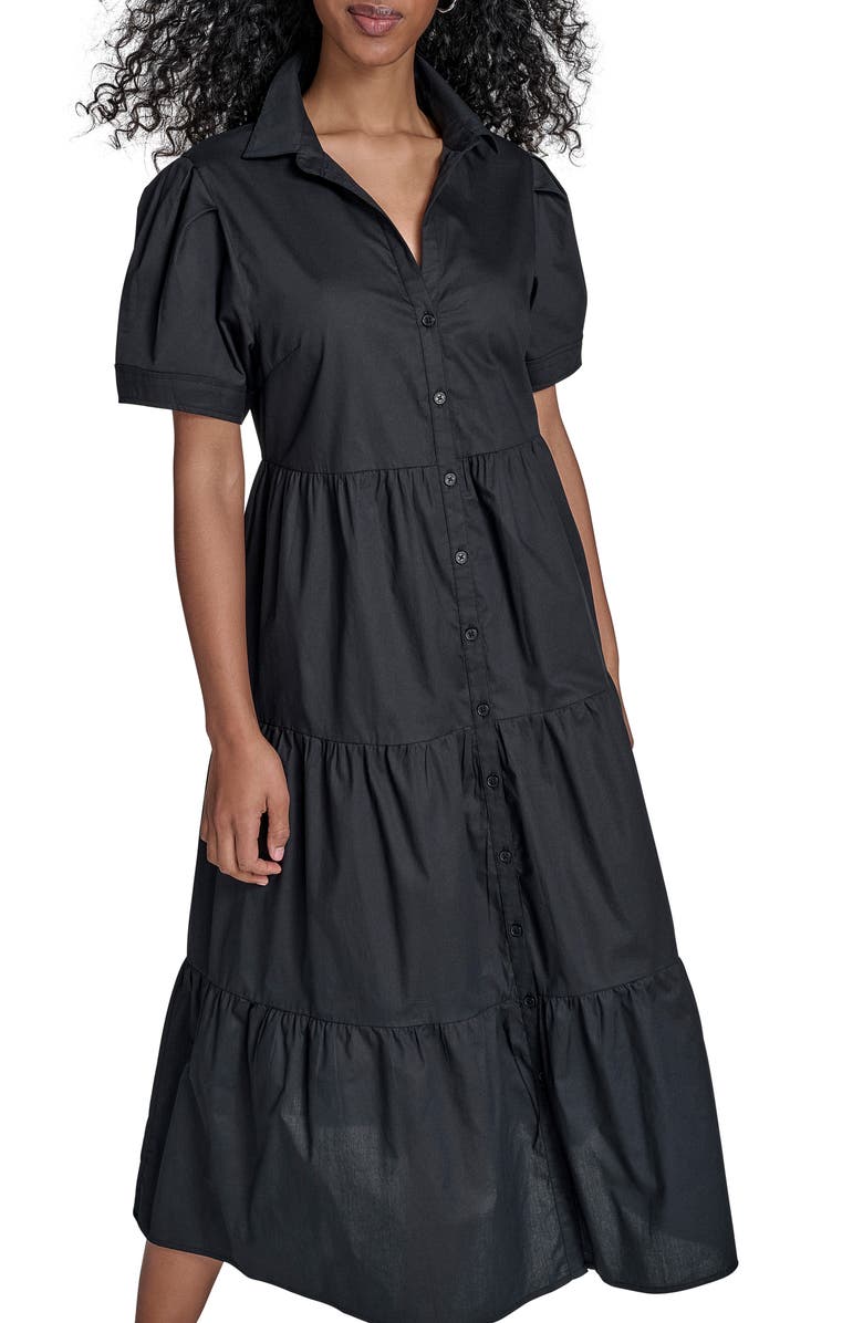Calvin Klein Short Sleeve Cotton Tiered Maxi Dress, Alternate, color, Black