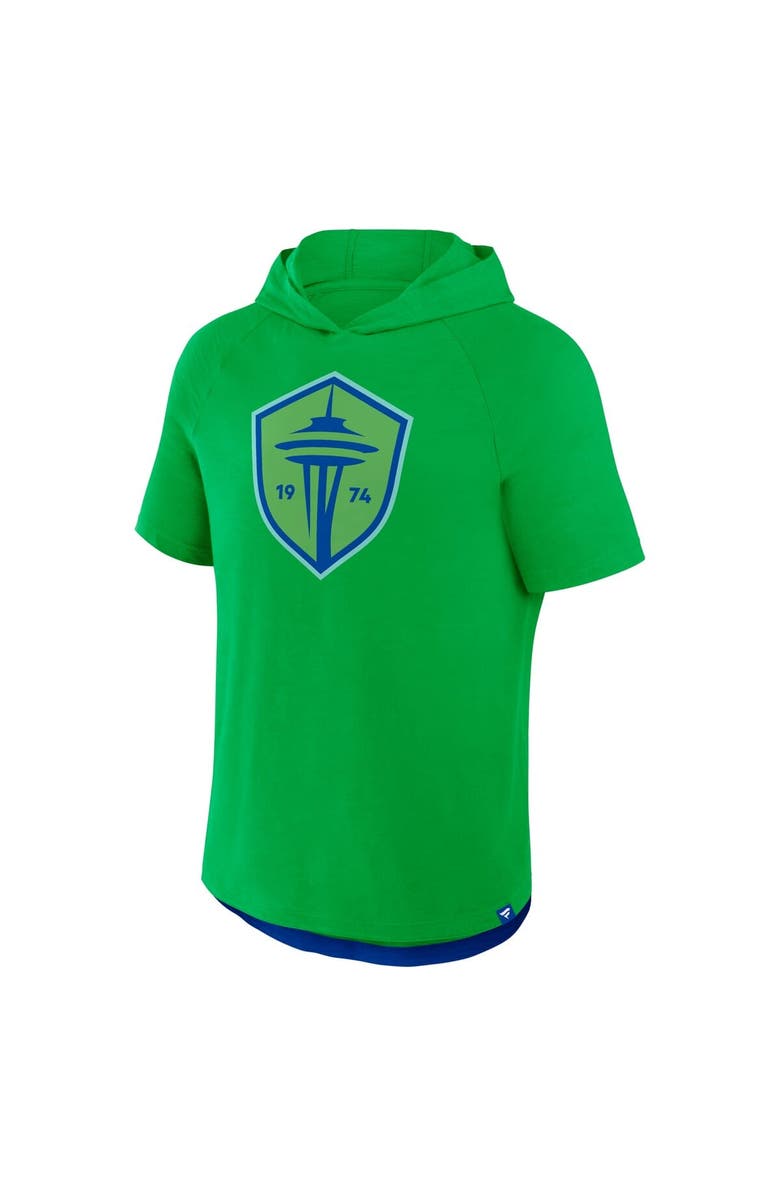 FANATICS Men's Fanatics Rave Green Seattle Sounders FC Hat Trick Stadium Slub Raglan Short Sleeve Pullover Hoodie, Alternate, color, Green
